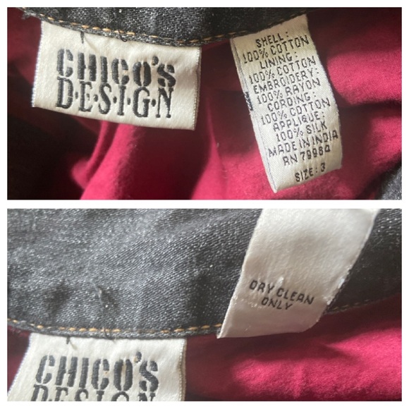 Vintage Chico’s Design 3 floral embroidered beaded denim zip up shacket jacket - Picture 9 of 12